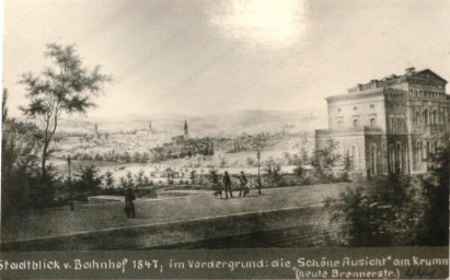 Stadtarchiv Weimar, 60 10-5/25, Stadtblick v. Bahnhof 1847, im Vordergrund : die "Schöne Ausicht" am Krumm (heute Brennerstr.), 1847