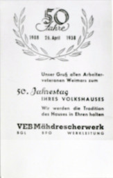 Stadtarchiv Weimar, 60 10-5/26, Jubiläumskarte zum 50. Jahrestag des Volkshauses, 1958