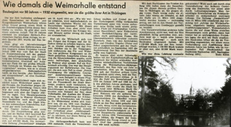 Stadtarchiv Weimar, 60 10-5/30 Bd. 1, Zeitungsartikel von 1981 zum 50-jährigen Baubeginn der Weimarhalle, ohne Datum