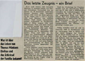 Stadtarchiv Weimar, 60 10/5-33, Zeitungsartikel über Familie Thomas Müntzers, ohne Datum