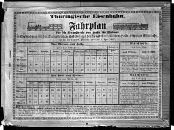 Stadtmuseum Weimar, Eichhorn 846 (K II 120 A), Reproduktion eines historischen Fahrplans der Thüringer Eisenbahn, ohne Datum