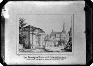 Stadtarchiv Weimar, 60 14 Negativ 290, Blick auf das »Kassengewölbe« auf dem Kirchhof der Jakobskirche, um 1850