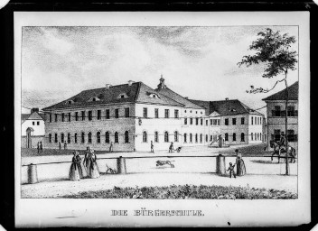 Stadtarchiv Weimar, 60 14 Negativ 301, Blick vom heutigen Goetheplatz auf die ehemalige Bürgerschule, um 1850